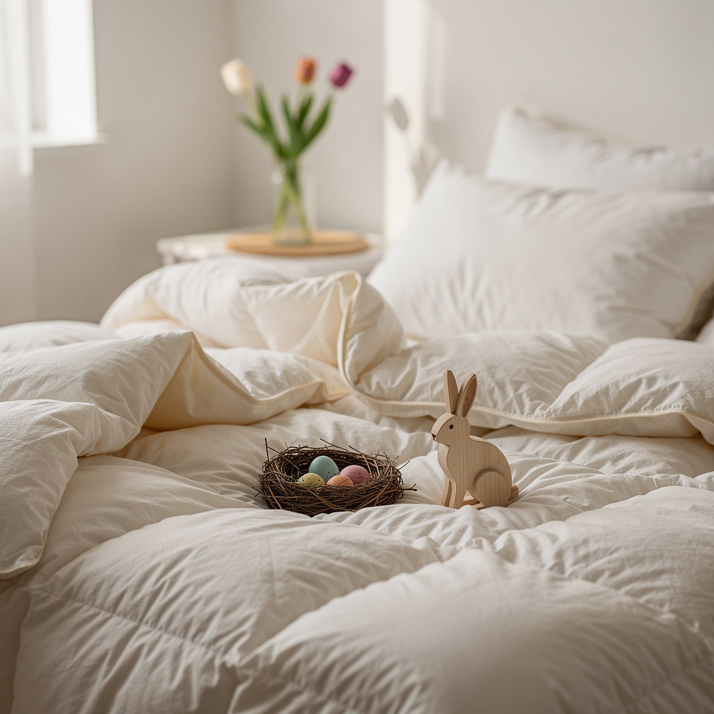 Schlafzimmer mit einem Osternest mit Eiern und einem Holzhasen